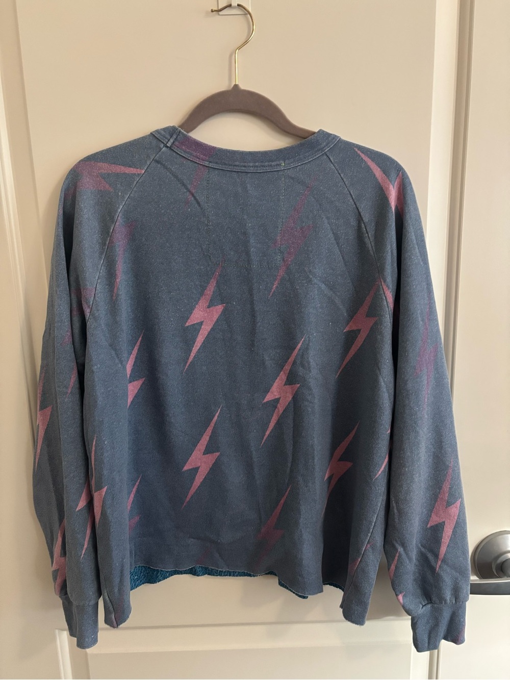 Aviator Nation Blue Sweatshirt with Pink and Purple Lightning Bolts, Raw Hem - Picture 4 of 5
